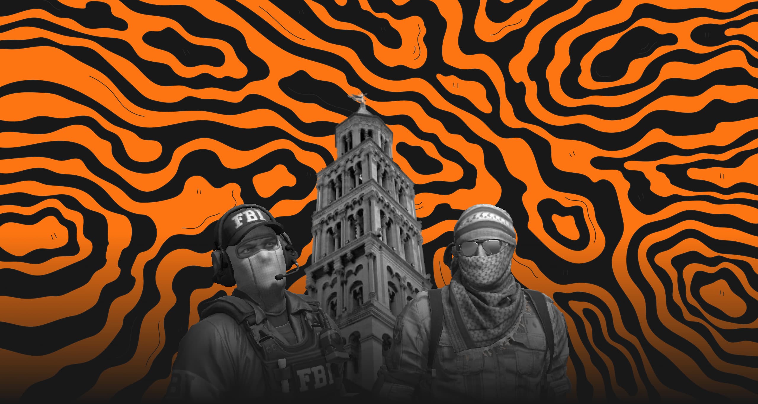 Landing page background image with two CS:GO agents, Saint Domnius Cathedral and an orange abstract background image