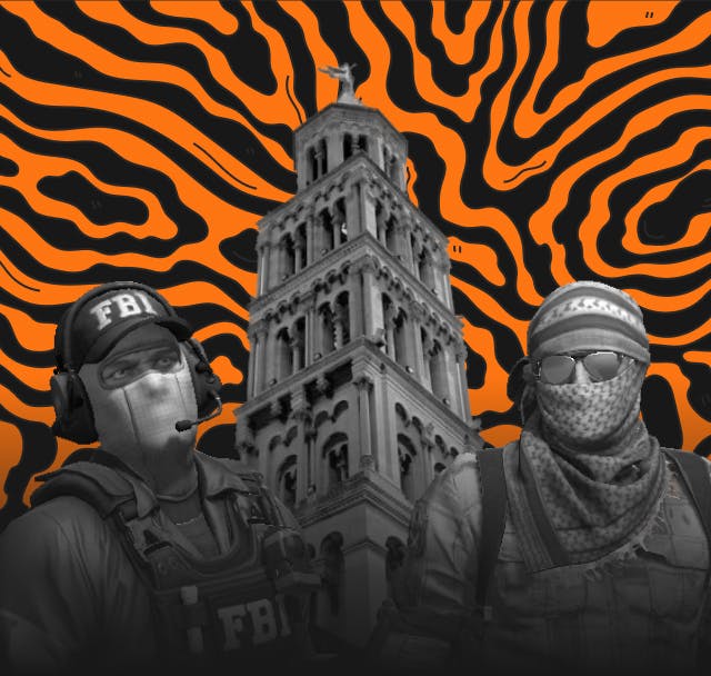 Landing page background image with two CS:GO agents, Saint Domnius Cathedral and an orange abstract background image